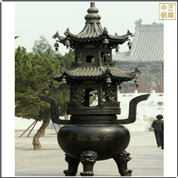 鑄銅關公 寺廟圓形四柱鑄銅香爐